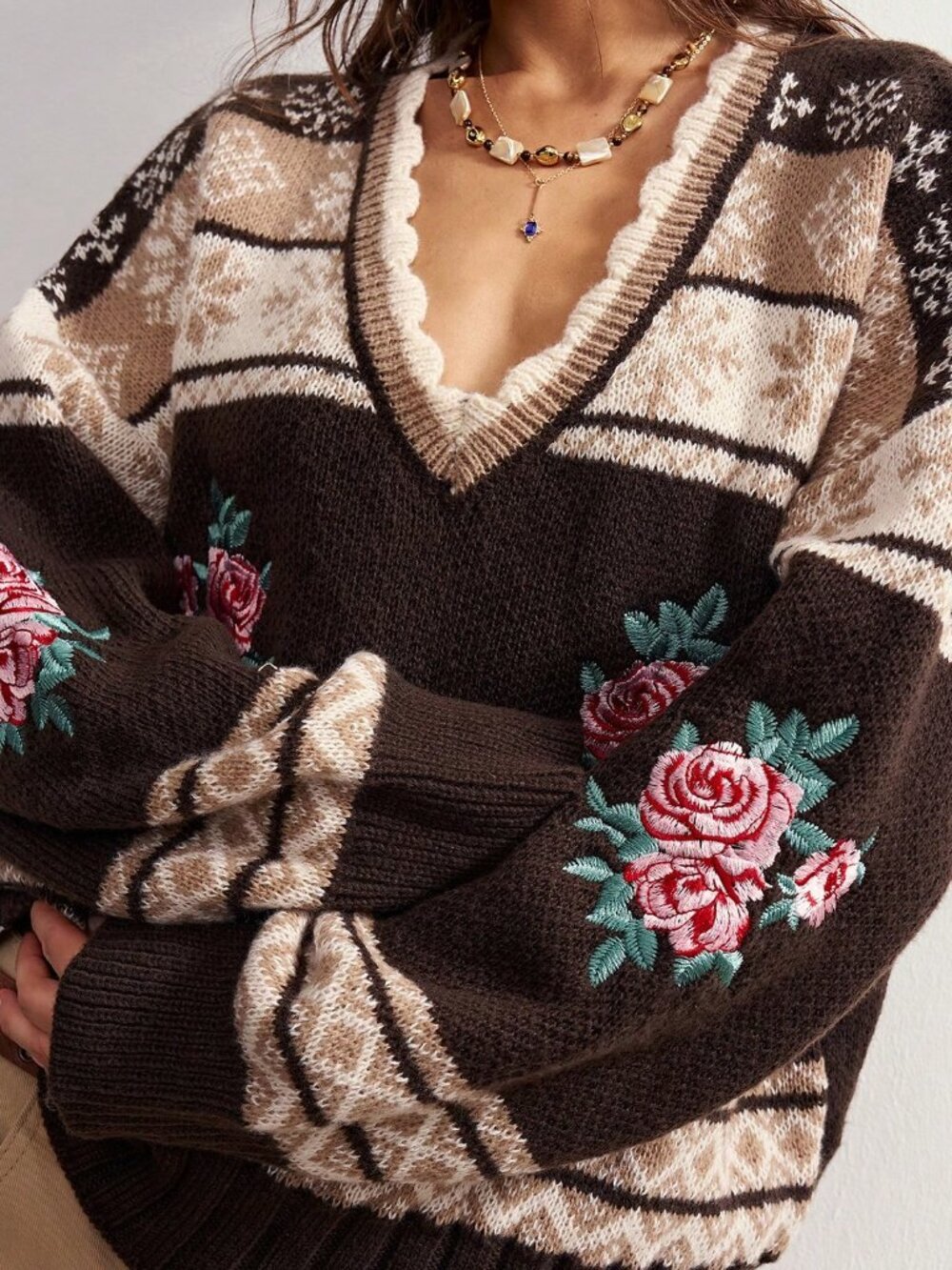 Mocha Brown Casual Women's Jacquard Contrast Color Embroidered Knit Cardigan - Picture 3 of 10